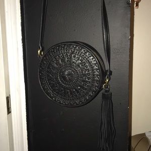 Faux Leather Circle Bag with Velvet Tassel